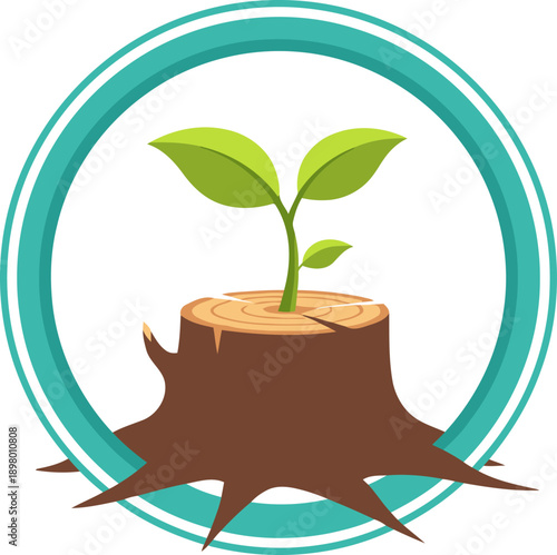 A vibrant logo featuring a seedling growing from a tree stump, symbolizing reforestation and growth. Bold teal circle highlights the concept. Eco-friendly design.