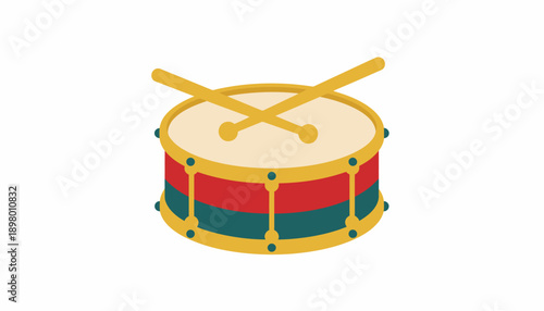 Flat Design Isometric Toy Drum Icon with Crossed Sticks. Marching Snare Musical Instrument Illustration.