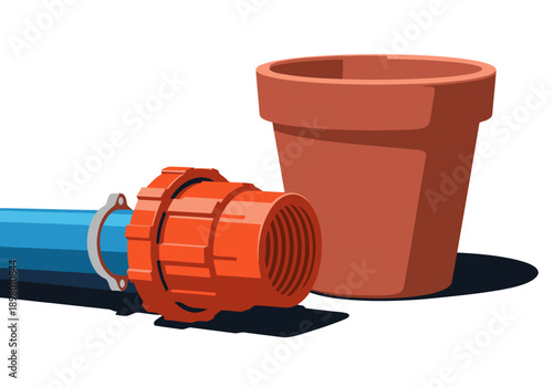 A vibrant orange irrigation plug end cap connects to a terracotta pot, showcasing a clean, modern gardening setup. Ideal for product shots and visual concepts.