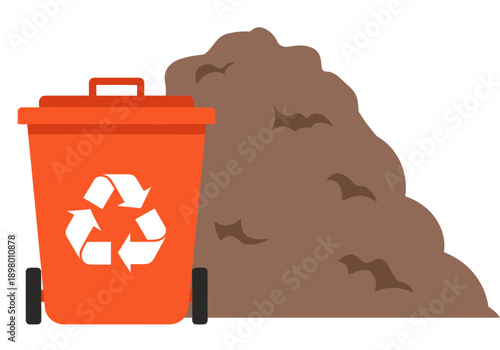 A vibrant recycling bin sits beside a large pile of organic waste.  Clean, modern illustration promoting eco-friendly waste management. Bright colors and simple design.