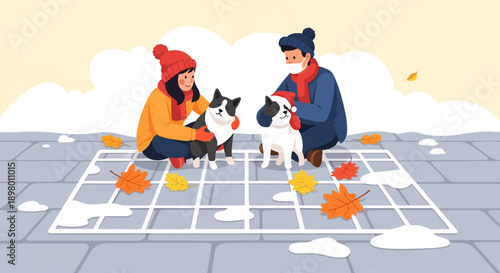 People and dogs in winter attire on a snowy sidewalk with fallen leaves