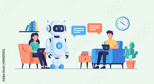 People interact with an AI robot and use laptops in a modern office setting