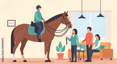 People interact with a rider on a horse indoors by a window