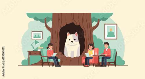 People gather in a cozy, nature-inspired setting with a friendly dog
