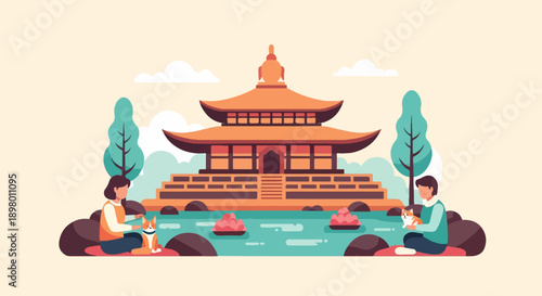 People and dogs relax by a serene temple with a calm water feature