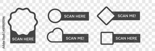 Border box for qr code. Geometic shapes with text scan here and scan me. Scanner Frames collection. Vector background