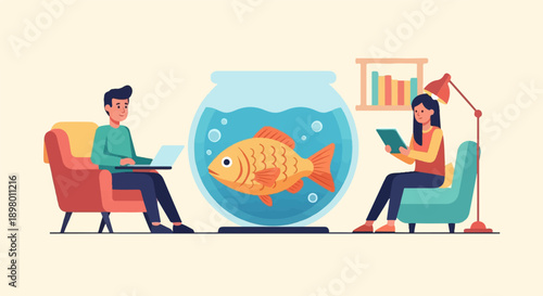 People and fishbowl illustration