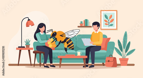 People and giant bee in a living room with modern decor and plants
