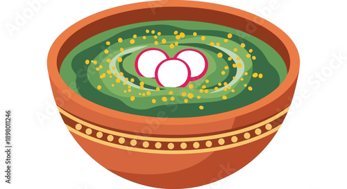 Mexican Green Soup or Stew (Pozole Verde, Mole) in Traditional Clay Bowl. Vector Illustration of Latin American Cuisine with Radish Garnish.