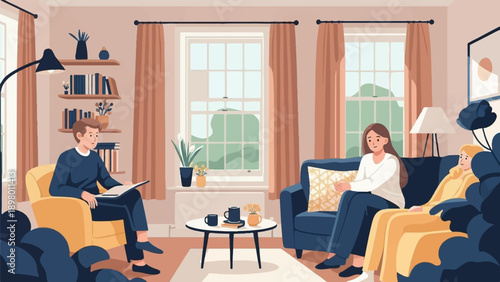 People gathered in a cozy living room, discussing matters