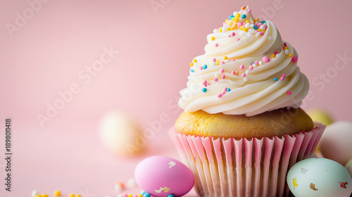 A festive Easter cupcake with white frosting and colorful sprinkles. Holiday dessert with pastel eggs on a pink background. Close-up with copy space