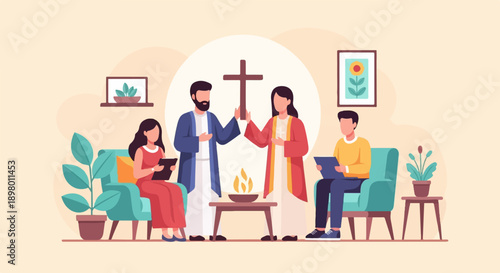 People gathered in a room with religious symbols and plants