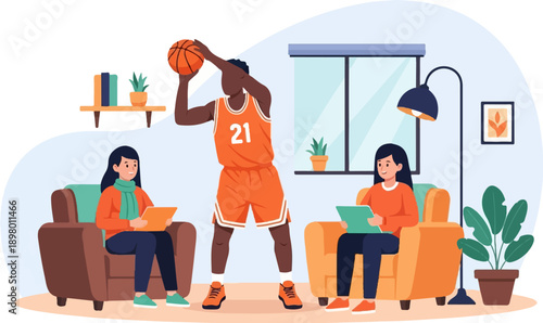 People gathered indoors, one with a basketball, two with tablets