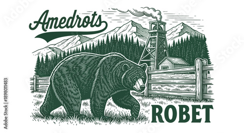 Vintage Woodcut Bear Illustration. Grizzly in Pine Forest, Mountain Landscape with Retro Mining Rig, Wilderness and Exploration Emblem.