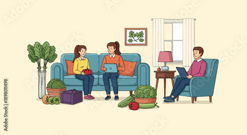 People gathered indoors, some using laptops, with plants and vegetables present