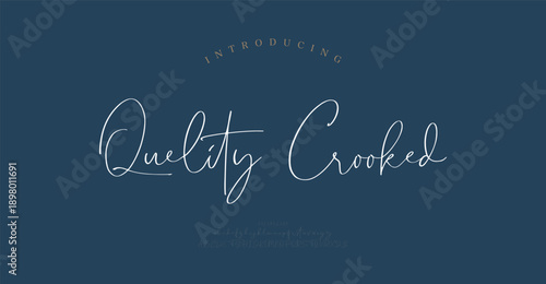 Quelity Crooked, Script luxury wedding alphabet letters font with tails. Typography elegant classic serif fonts and number decorative vintage retro concept for logo branding. vector illustration
