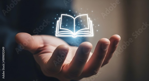 hand holding glowing open book icon for education and knowledge