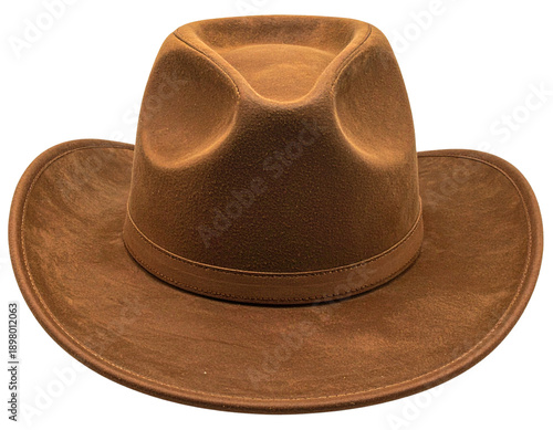 Classic Brown Cowboy Hat Front View with Curved Brim, isolated on transparent background