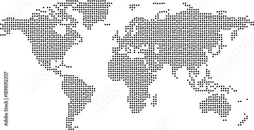 Halftone World Map Dot Pattern Vector. Dotted Global Continents Silhouette in Black and White. Minimal Digital Earth Geography Infographic Background.