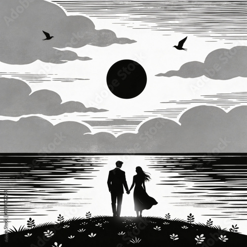 Endless Horizon: A silhouette couple stands hand-in-hand, gazing toward the vast expanse of the horizon and reflecting on the beauty of their eternal love.