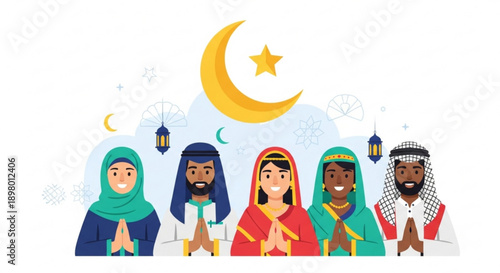 Diverse muslim community prayer gathering under crescent moon and stars ramadan celebration