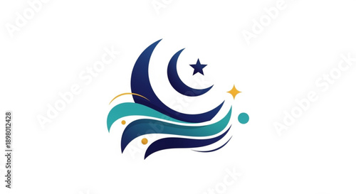 Modern crescent moon and star symbol with swirling blue and green waves on a white background for ramadan or islamic design