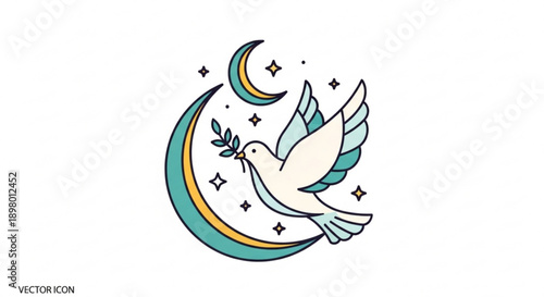 Peaceful dove carrying olive branch flying near crescent moon with stars symbolizing hope and tranquility in the night sky