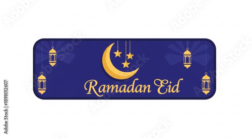 Ramadan eid greeting card design with golden crescent moon stars and lanterns on blue background
