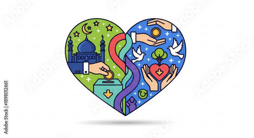 Heart shaped symbol of charity and faith with hands reaching out mosque and charity box illustration