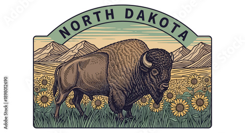 North Dakota Retro Patch: Vintage Bison and Sunflower Field Illustration with Mountains and State Label