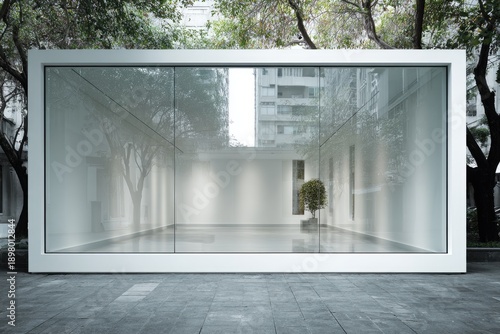 Modern minimalist glass cube structure in urban park setting
