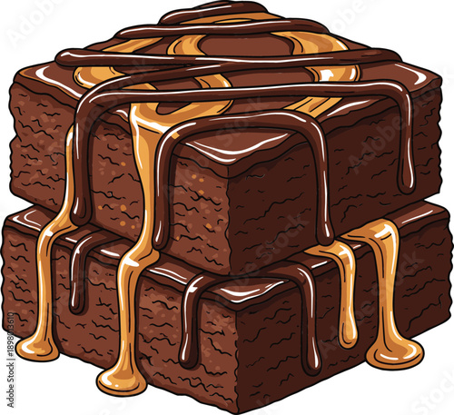Detailed flat vector illustration of two thick chocolate brownies stacked and drizzled with chocolate and caramel sauce