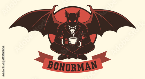 Vintage Gentleman Bat Mascot Drinking Coffee in a Suit. Retro Logo Design for Cafe or Brand Identity.
