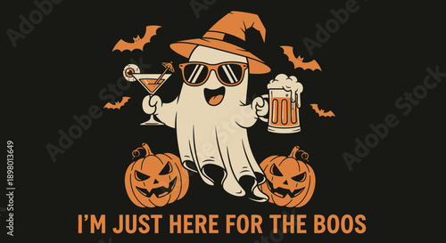 "I'm Just Here for the Boos" Funny Halloween Ghost T-Shirt Design. Cartoon Character with Beer, Cocktail, Witch Hat, Sunglasses, and Jack-O'-Lanterns.