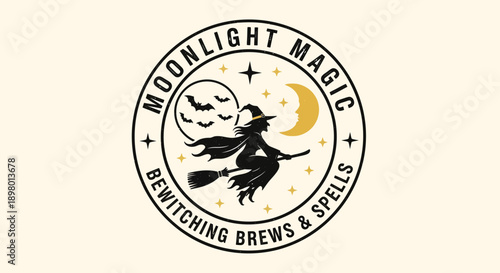Vintage Witchcraft Logo Emblem: Flying Witch Silhouette, Bats, Gold Crescent Moon. Retro Halloween Magic Stamp for Brews and Spells.