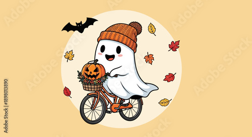 Cute Cartoon Ghost Riding Bicycle with Pumpkin in Autumn. Halloween Character with Beanie Cycling Illustration.