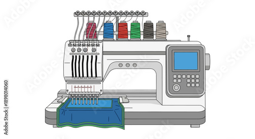 Illustration of an industrial embroidery machine with colored threads and a blue fabric
