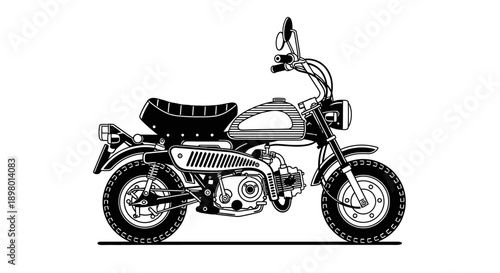 Vintage Mini-Bike Illustration: Classic Small Motorcycle Vector Art in Black and White Outline Style, Ideal for Retro Branding and T-Shirt Design