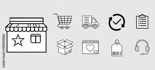 E-commerce Service Icons Set – Shopping, Delivery. E commerce Online Shopping Delivery. Black And White Color Thin Line Outline Editable Stroke Icons Vector. 