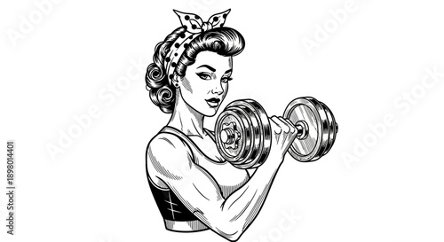 Vintage Pin-up Girl Working Out with Dumbbell. Strong Retro Fitness Woman in Engraving Style. Black and White Illustration of Bicep Curl.