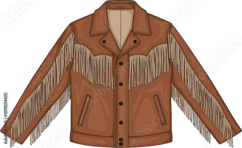 Detailed flat vector illustration of a brown suede western jacket featuring long decorative fringe on sleeves and chest