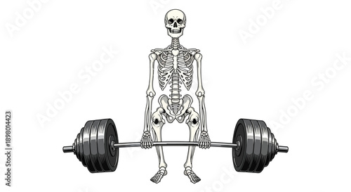 Strong Skeleton Performing Deadlift with Heavy Barbell Weights. Humorous Weightlifting, Bone Strength, and Fitness Anatomy Mascot Vector Illustration.
