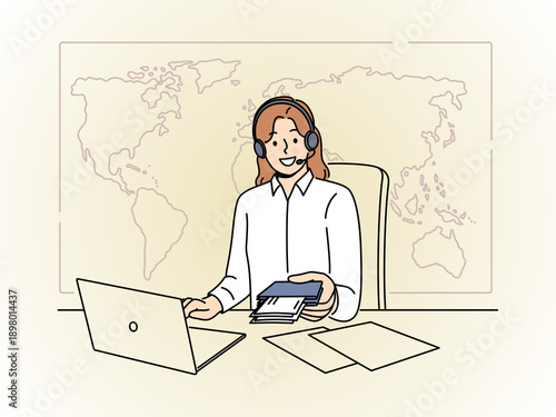 Friendly Travel Agent or Support Representative with headset and World Map