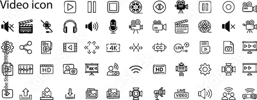 Collection of video related icons in black and white isolated on transparent background, Vector
