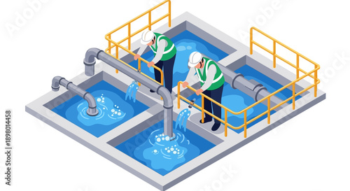 Isometric illustration of two workers inspecting water treatment plant with pipes and yellow railings