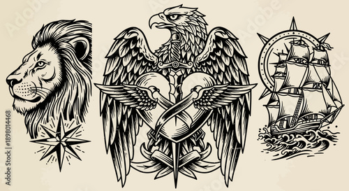 Vintage Americana Tattoo Art Collection: Lion, Bald Eagle Heraldry Shield, and Nautical Ship Emblem Engraving.