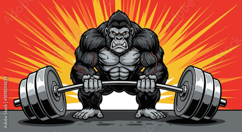 Powerful Gorilla Mascot Deadlifting Barbell Vector. Intense Muscle Beast Workout and Strength Training Illustration for Gym or Fitness Apparel.
