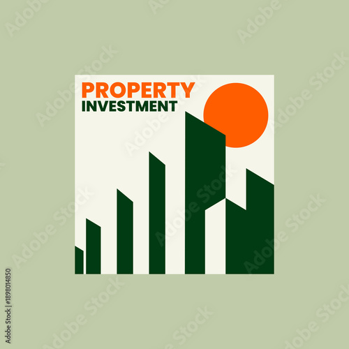Modern property investment logo with abstract building shapes and sun element. Clean geometric design suitable for real estate, construction, property development, and investment branding.