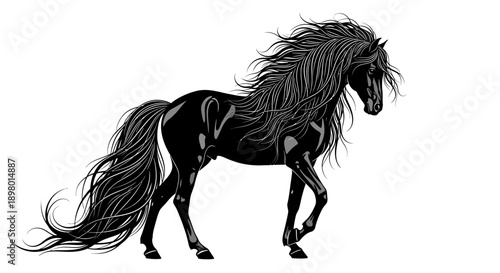 Majestic Black Stallion Vector Illustration. Elegant Horse Silhouette with Long Flowing Mane and Tail.