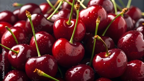 Pile of Ripe Cherries with Beautiful Reflective Gloss, Captured in Luminous Light to Highlight Deep Red Color, Juicy Texture, and Fresh Summer Fruit Energy in a Tempting Natural Composition